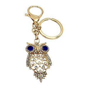 3/$30 GOLD OWL KEYCHAIN RHINESTONE CRYSTAL BLUE EYES BAG CHARM GIFT BLING NWT